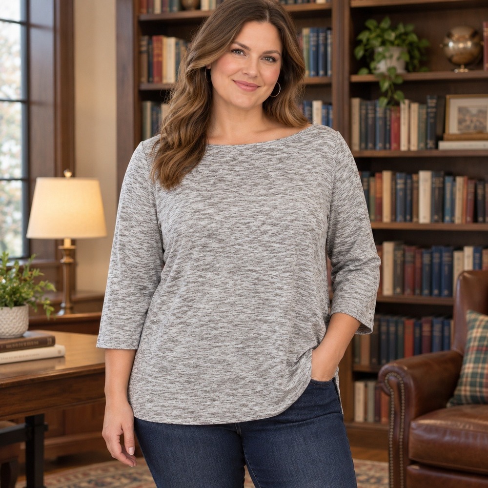 J. Jill Top Womens Boat Neck 3/4 Sleeve Space Dye Pullover Large